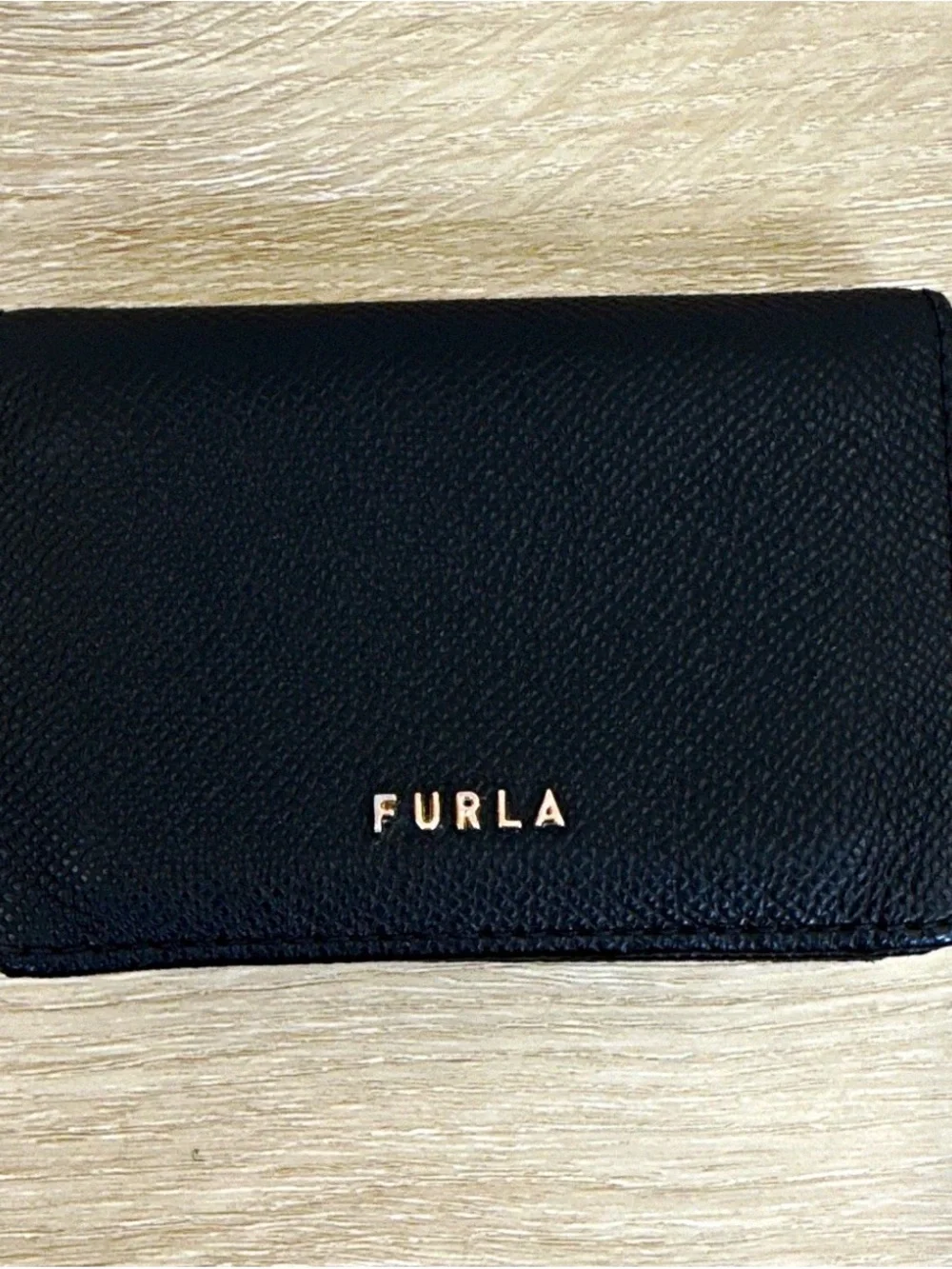 Furla Black Leather Trifold Wallet with Gold Logo